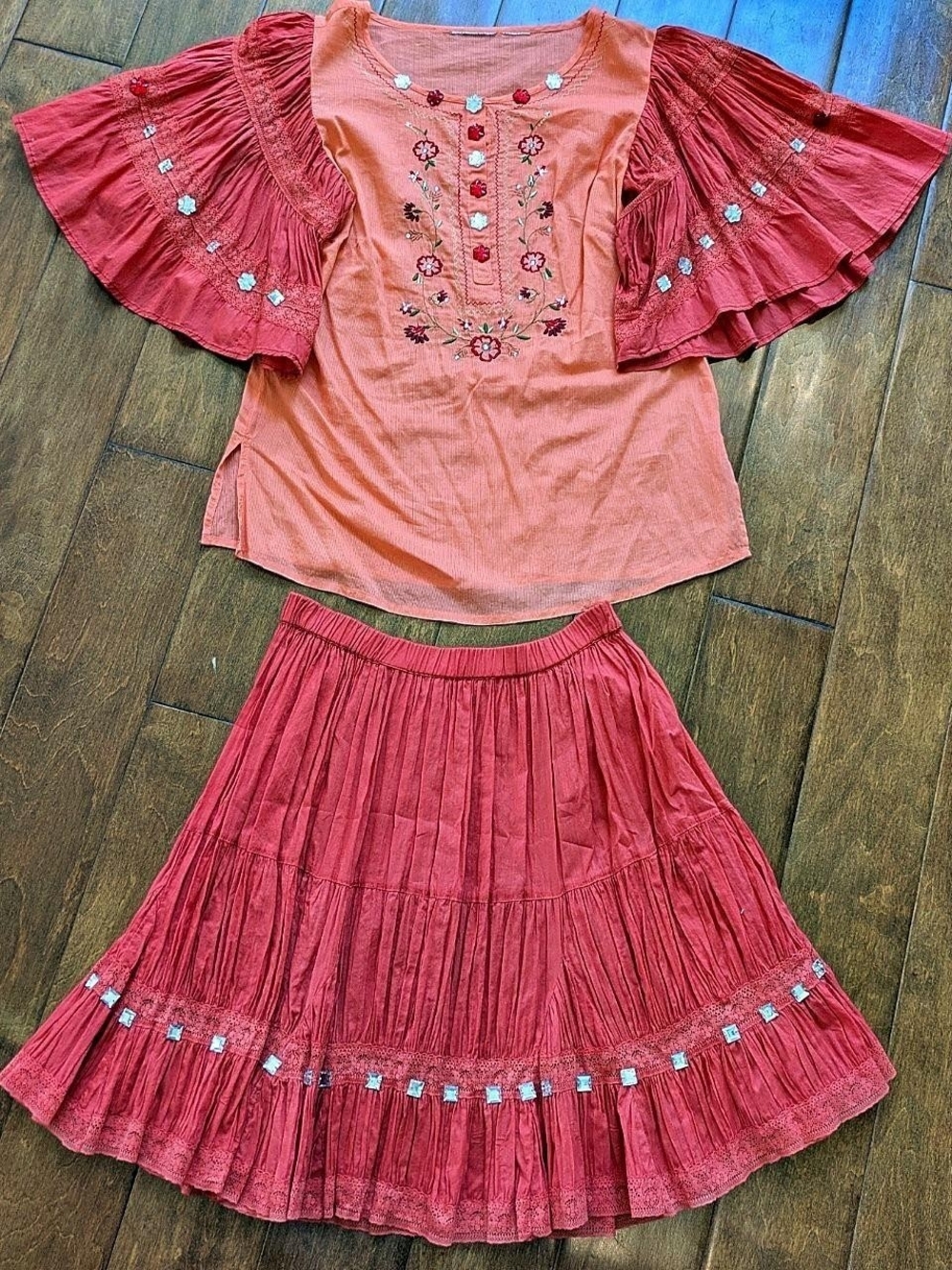 Embroidered Two-Piece Red Ruffled Women's Skirt Set